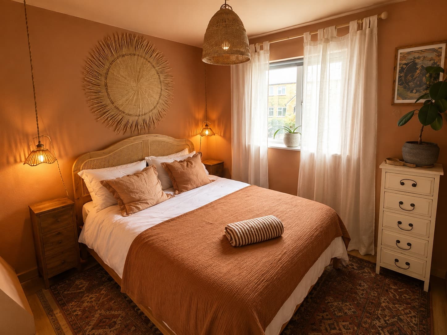 Second bedroom with woven pendant lighting