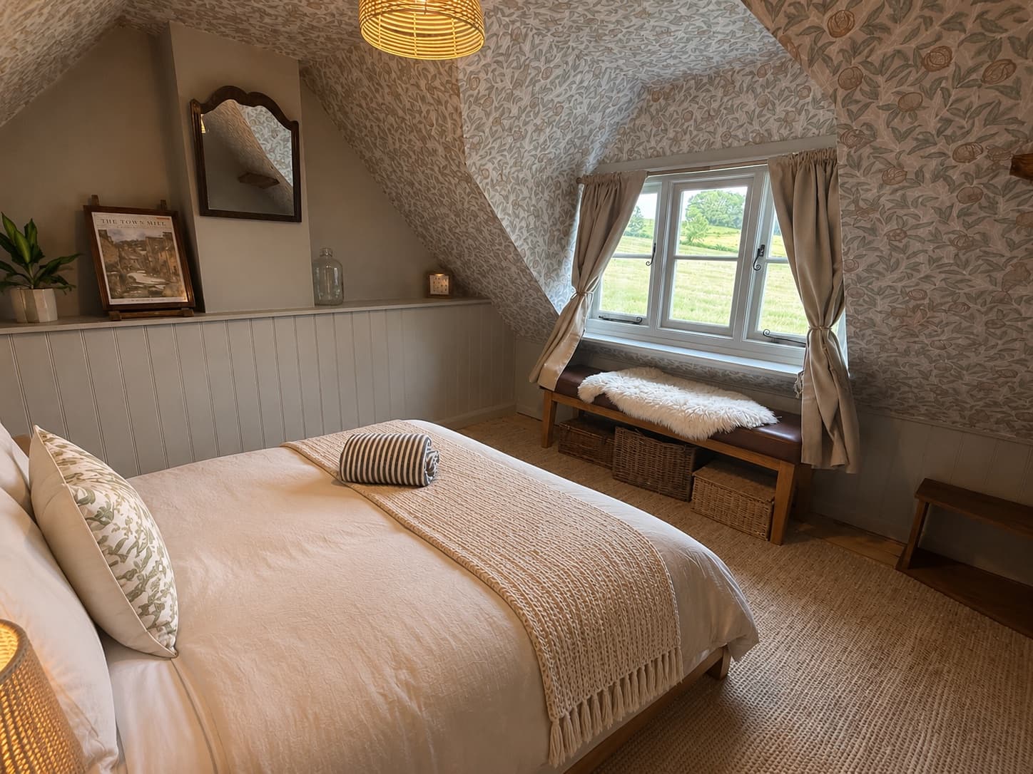 Bedroom with rattan headboard and terracotta tones