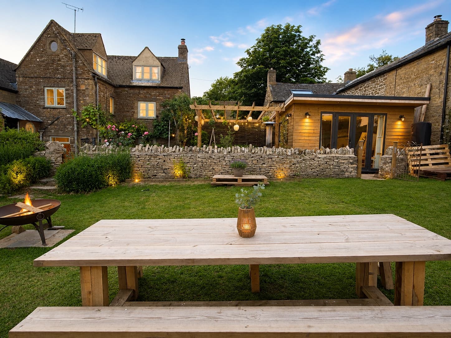 Hill View garden at dusk with fire pit and pergola