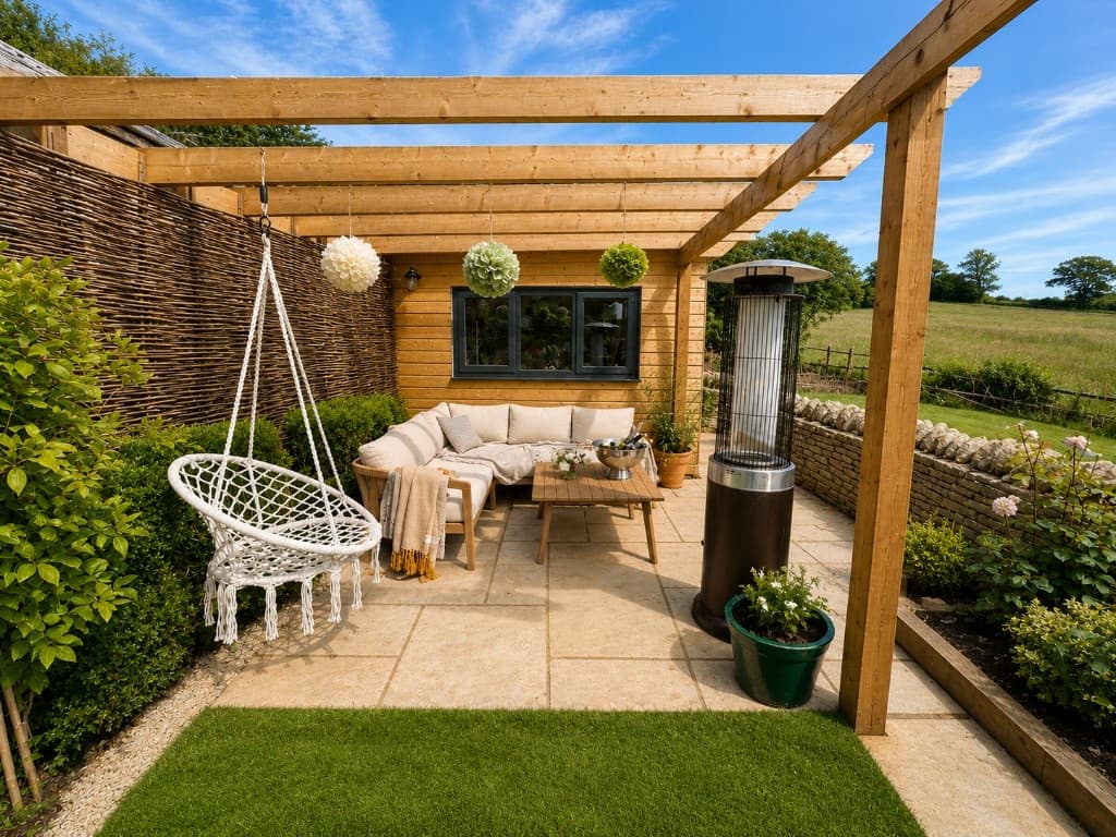 Outdoor lounge under the pergola with countryside views