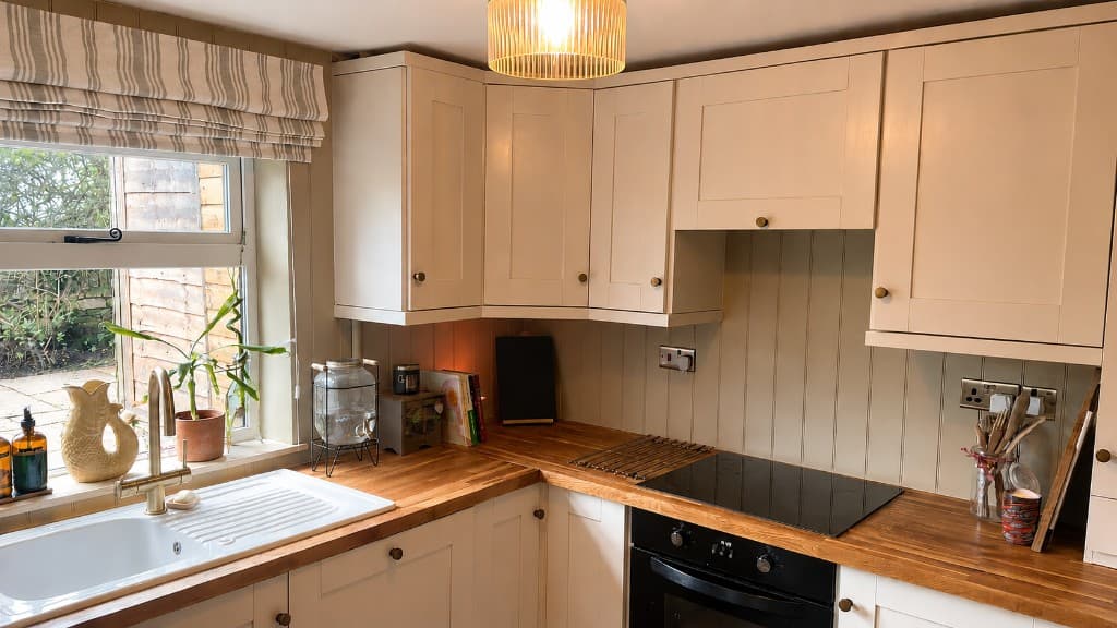 Country kitchen with wooden worktops and garden views